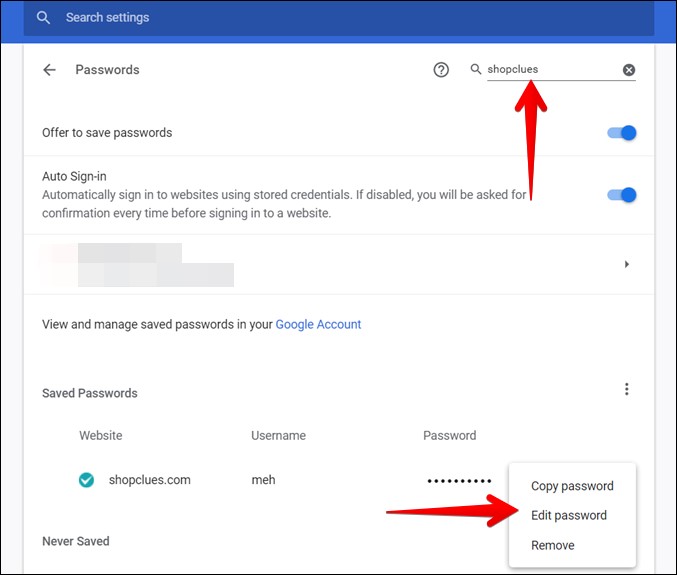 редактирование пароля в диспетчере паролей Google Chrome