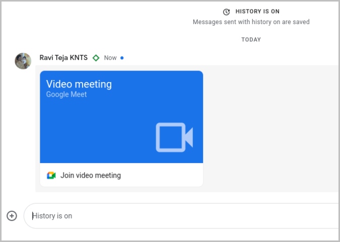 Ссылка на видеоконференцию Google Meet в приложении Google Chat