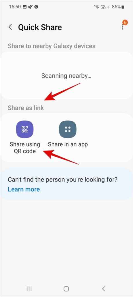 поделитесь qr-кодом или создайте ссылку для общего доступа с помощью Samsung Quick Share