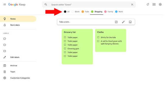 вкладка категорий для Google Keep