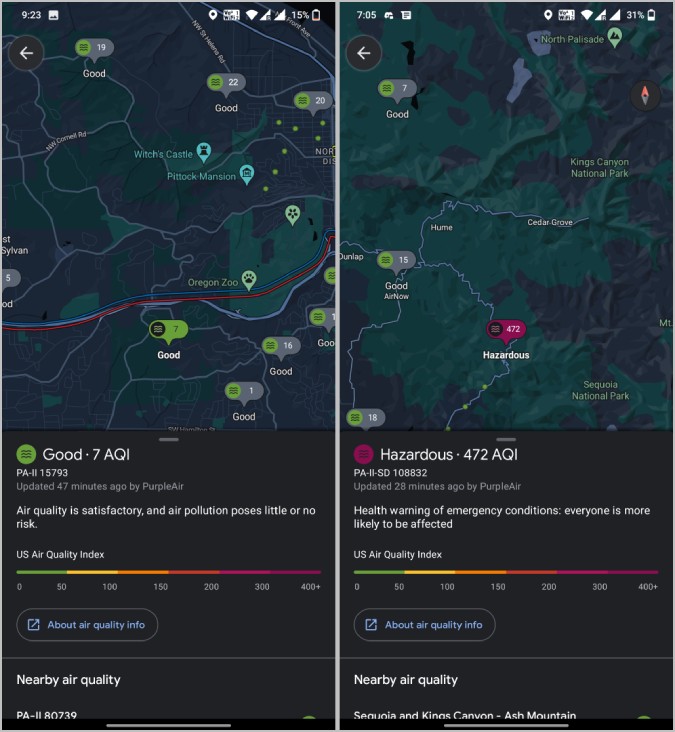 Данные о состоянии здоровья и AQI на Картах Google