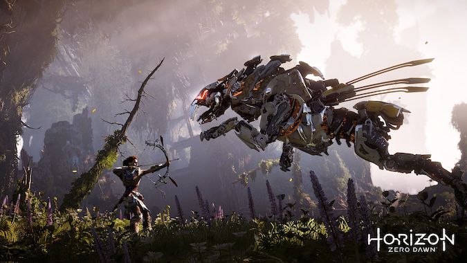 Horizon Zero Dawn - Девушка сражается с механическим зверем палками.