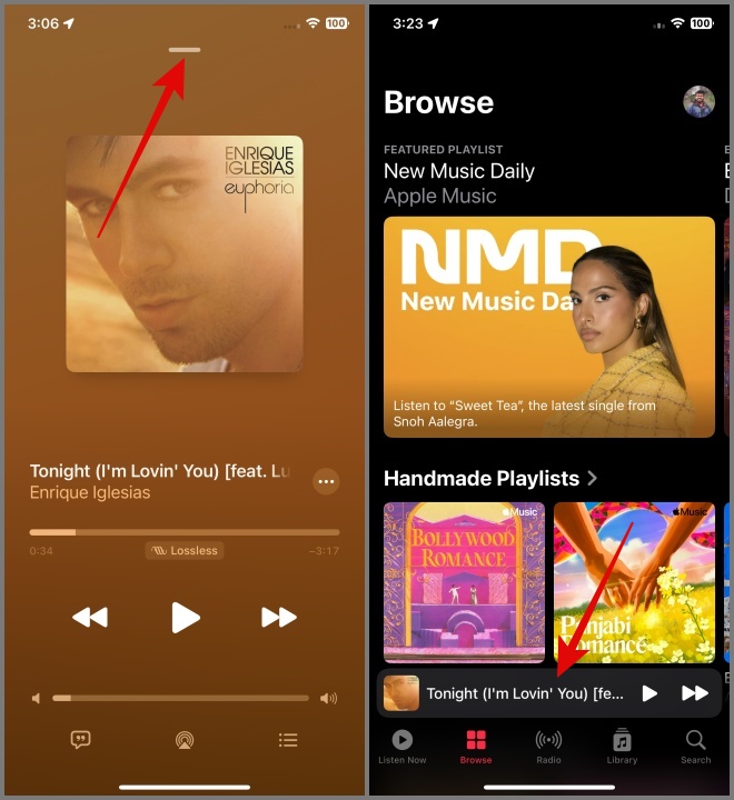 Горизонтальная полоса в верхней части Apple Music Player