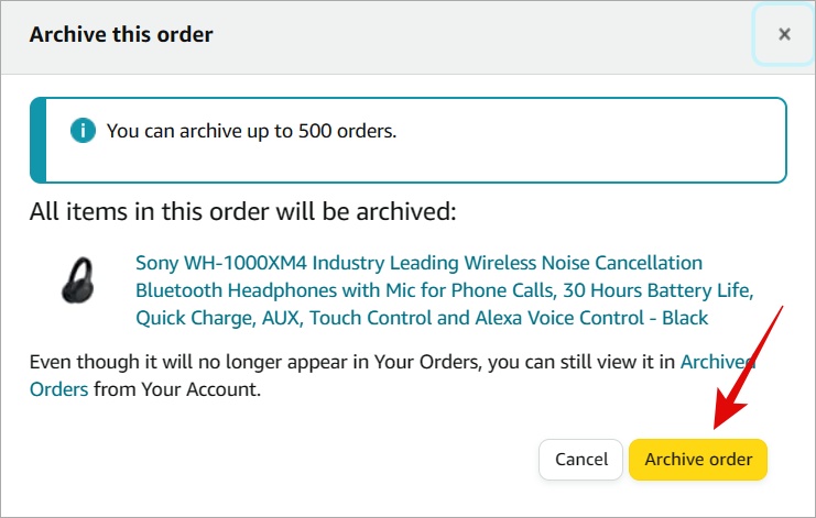 подтвердить архивацию заказа на Amazon