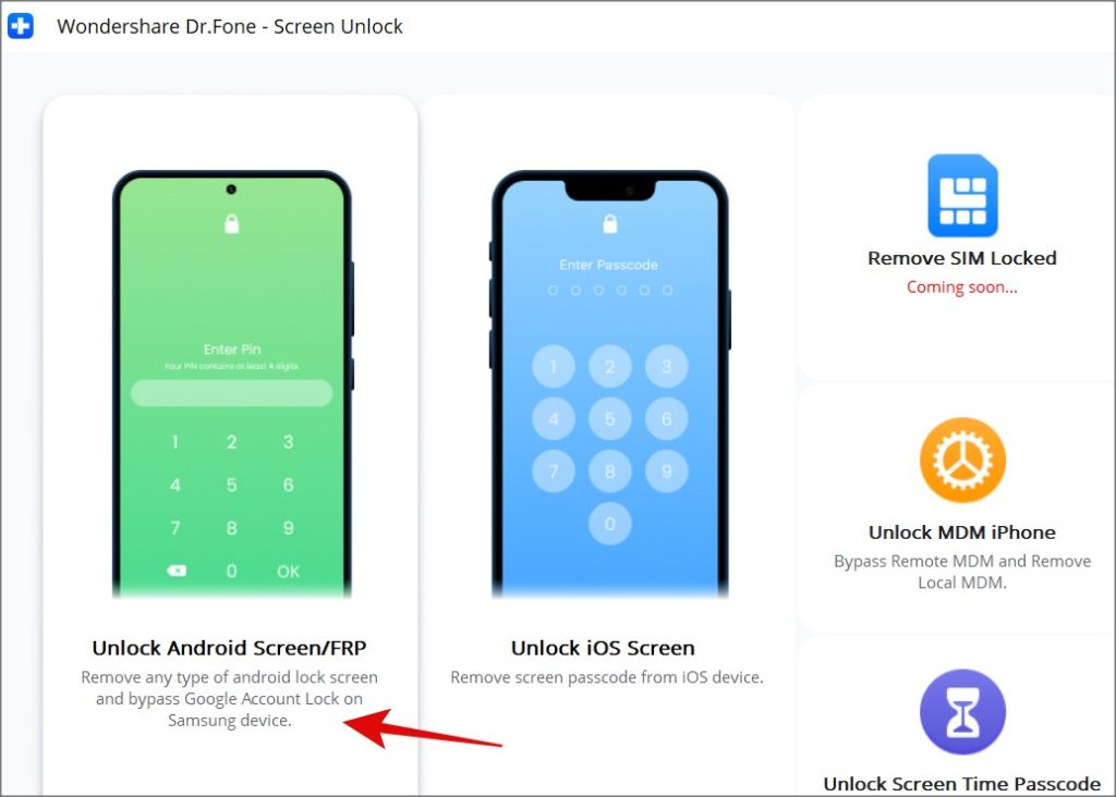 разблокировать экран Android/опцию frp в dr.fone