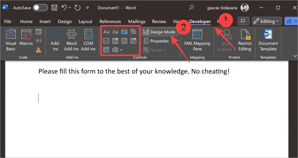 включить элементы управления режимом дизайна в Microsoft Word