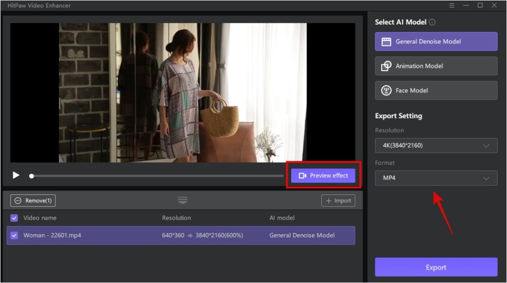 Hitpaw Video Enhancer предварительный просмотр моделей AI