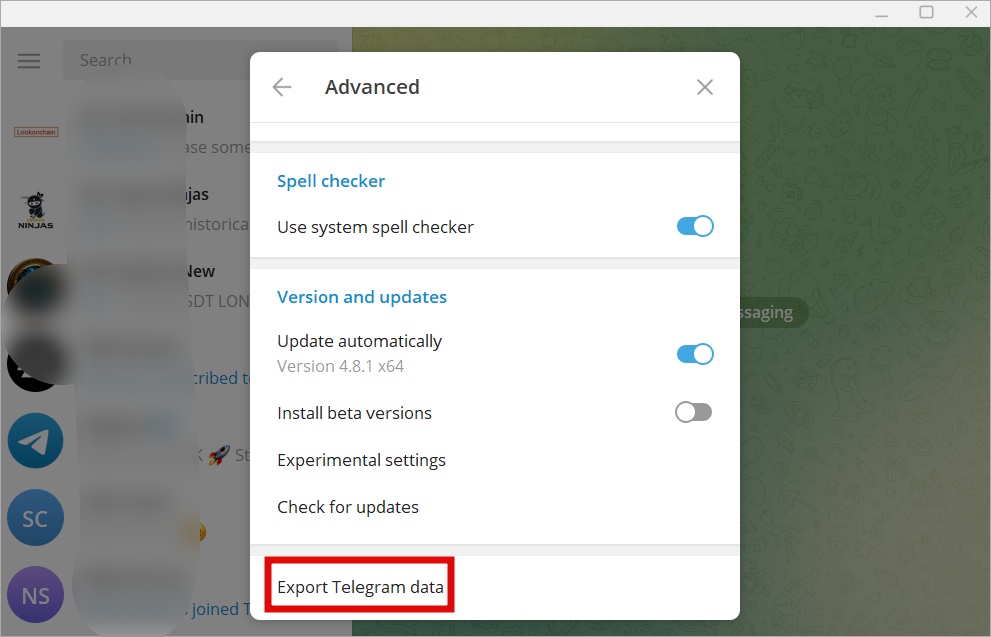 опция экспорта данных в настольном приложении Telegram