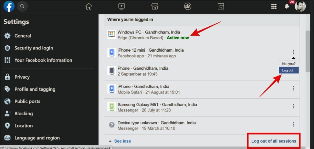 выйдите из Facebook с других устройств, которыми вы не владеете