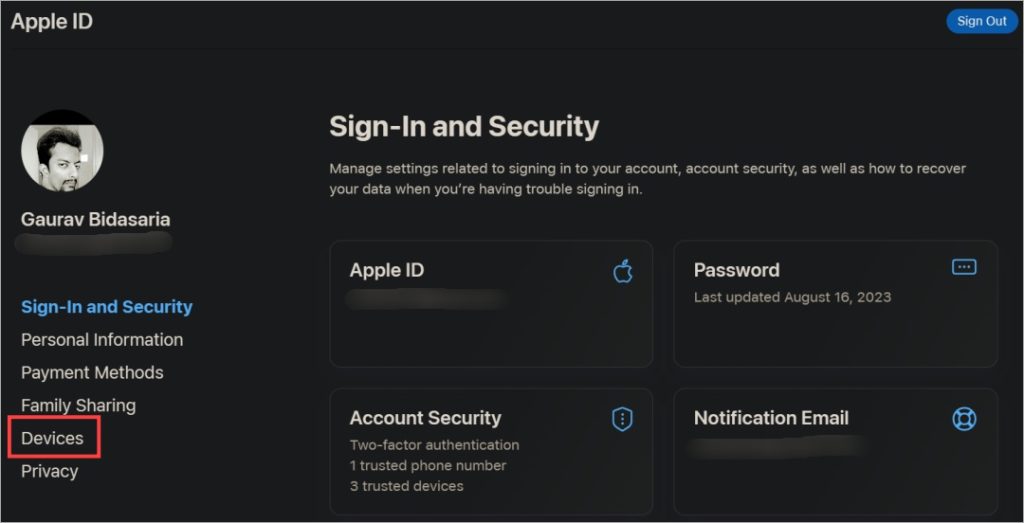 список активных устройств в Apple ID