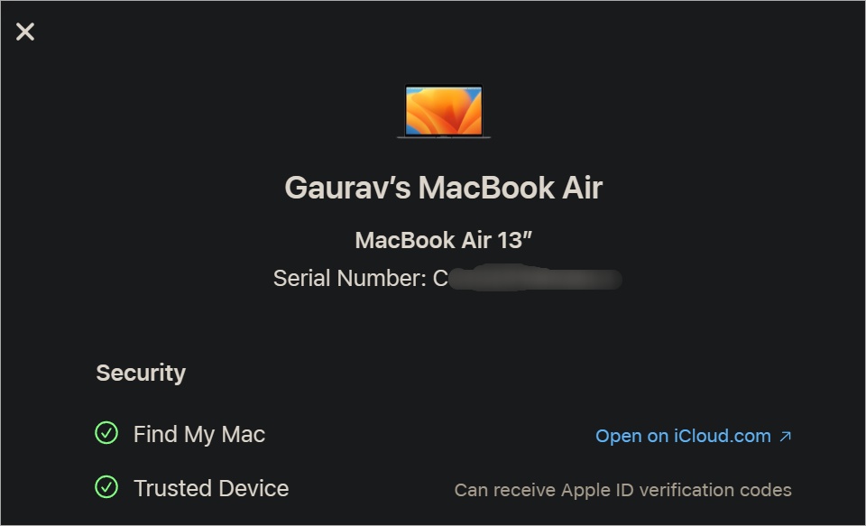 Серийный номер MacBook на сайте Apple