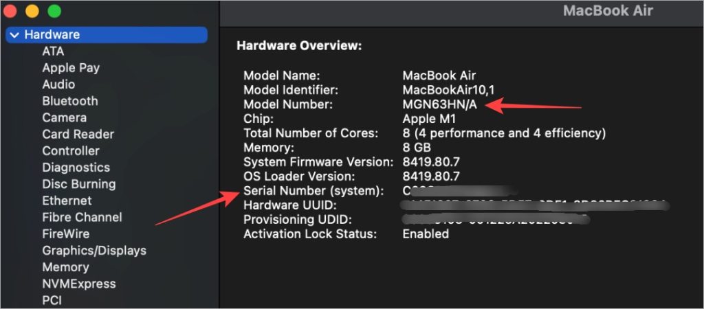 серийный номер и номер модели MacBook в настройках macOS