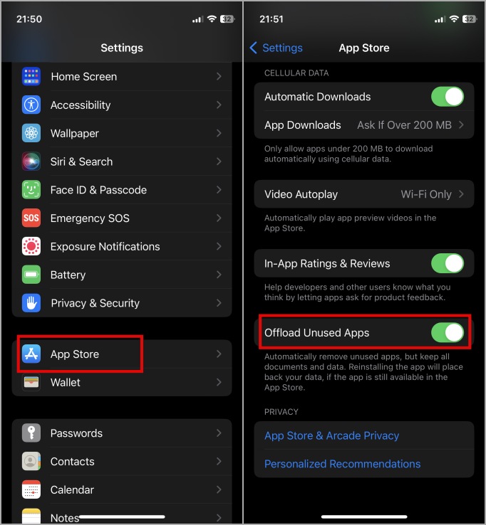 отключить функцию выгрузки неиспользуемых приложений на iPhone и iPad
