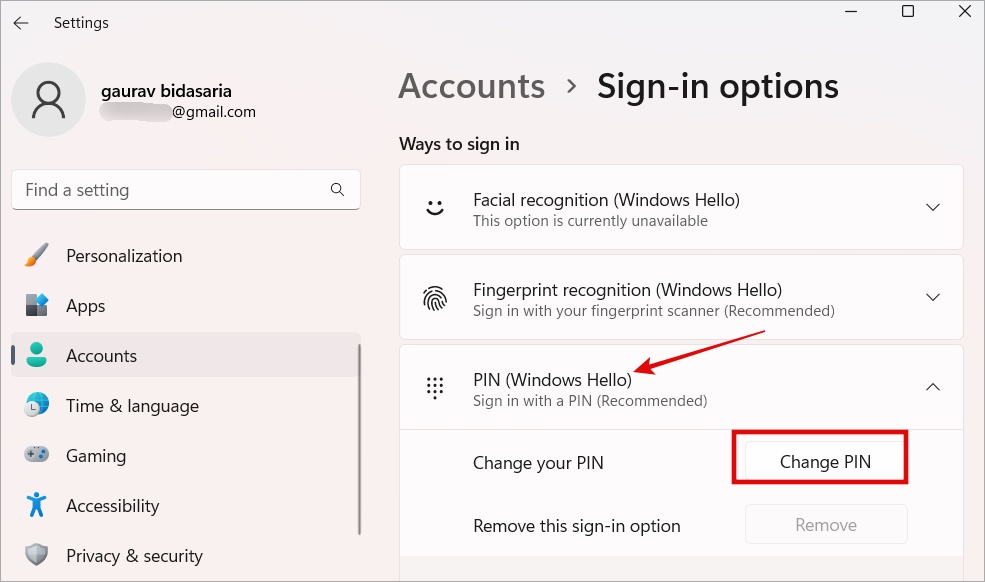 изменить вход в PIN-код учетной записи пользователя Windows