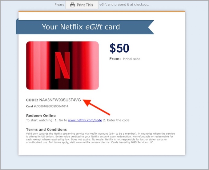 Доставка подарочной карты Netflix по электронной почте скопируйте код