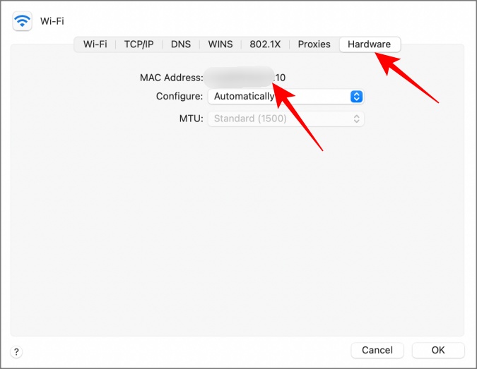 Mac-адрес под оборудованием в системных настройках в macOS