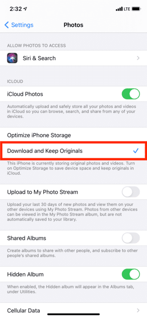 Загрузите и сохраните оригиналы в настройках фотографий iCloud на iPhone