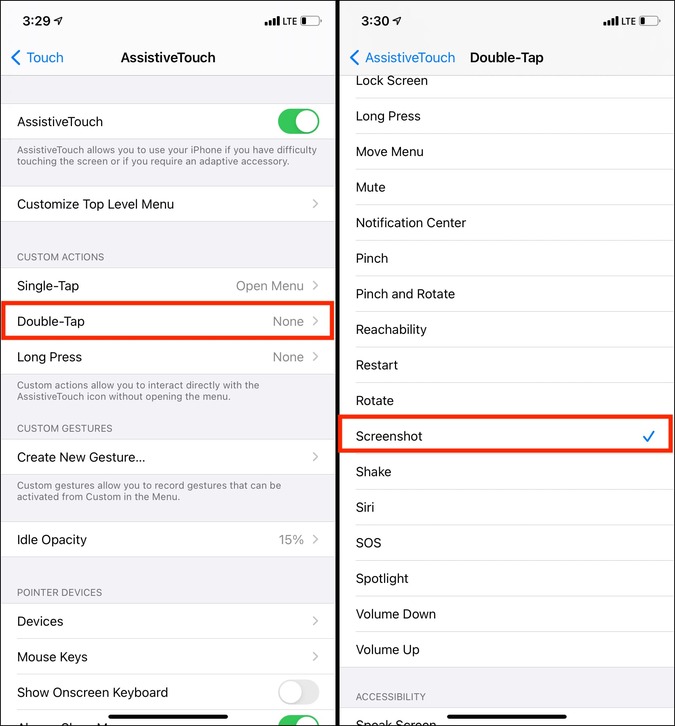 Снимок экрана Двойное касание AssistiveTouch в iOS 14