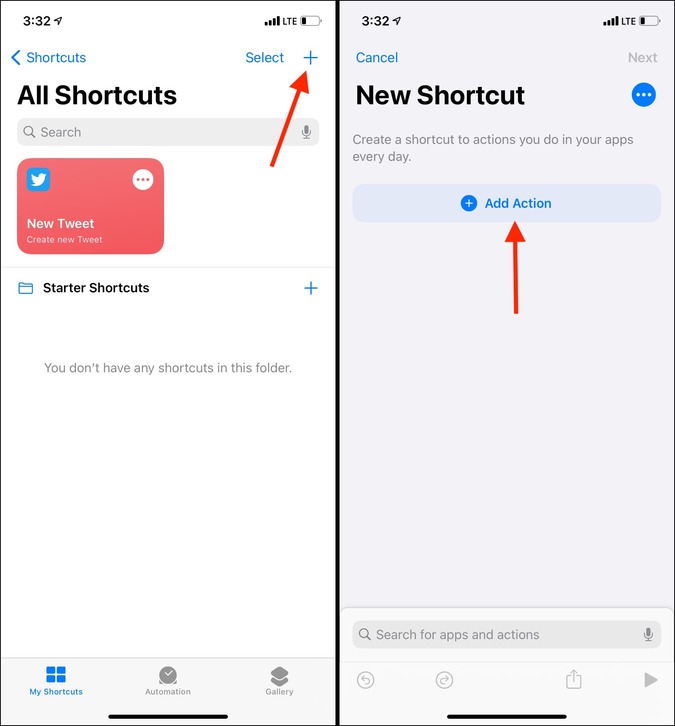 Значок «Плюс» «Добавить действие» в приложении «Ярлыки» в iOS 14.