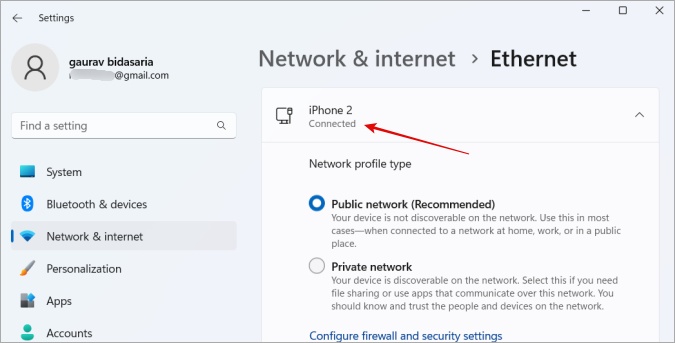 Настройки сети Windows 11 для iPhone Ethernet