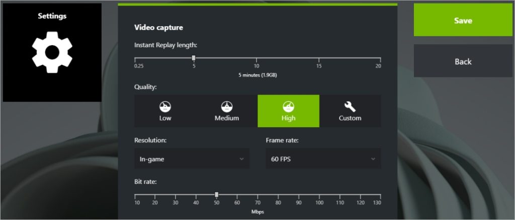 Пользовательский интерфейс настроек записи видео NVIDIA Share