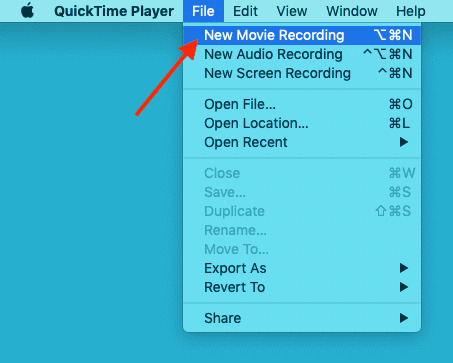 Новая запись фильма в разделе «Файл» в проигрывателе QuickTime на Mac