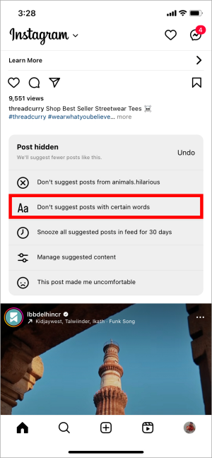 Не предлагайте публикации с определенными словами, чтобы отключить предлагаемую публикацию в Instagram.