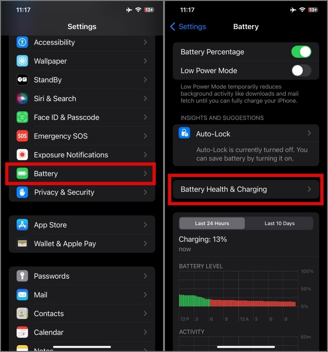 Состояние батареи и параметры зарядки в настройках iPhone