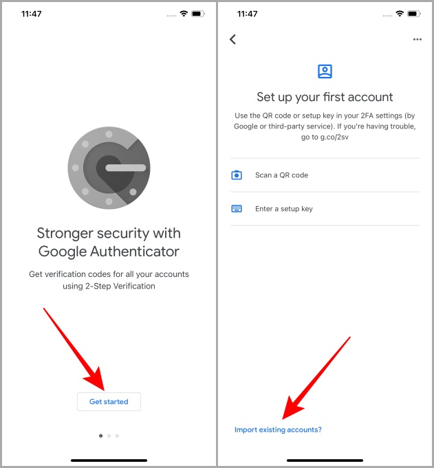 опция импорта учетных записей Google Authenticator