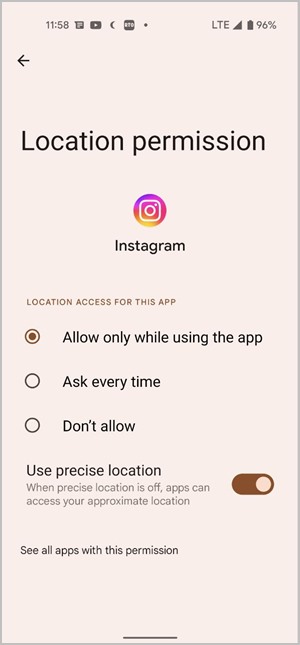 Изменение разрешения на определение местоположения в Instagram Android