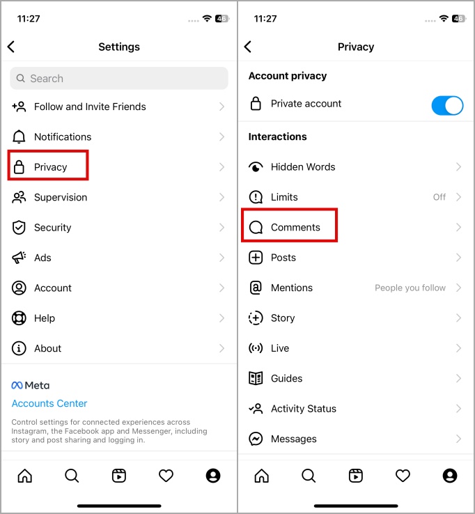 комментарии Инстаграм в настройках конфиденциальности