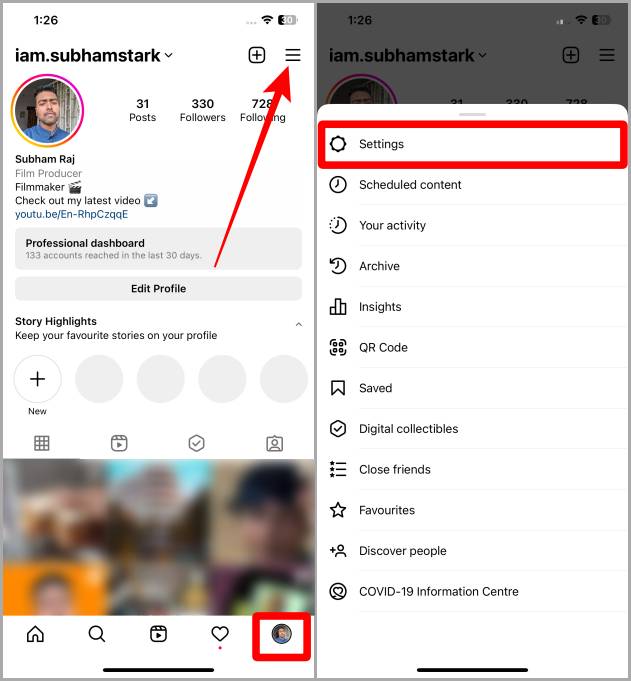 Параметры профиля Instagram iOS