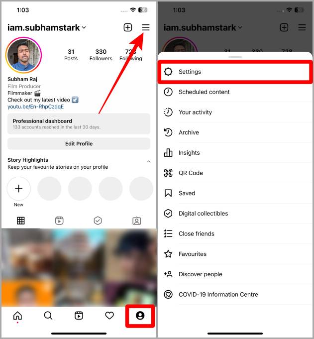 Вкладка «Профиль Instagram» iOS