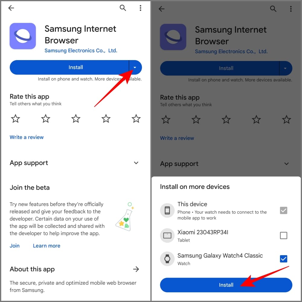 Установка Samsung Internet на Galaxy Watch через Play Store на телефоне
