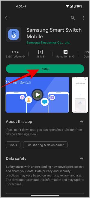 Установка приложения Samsung Smart Switch