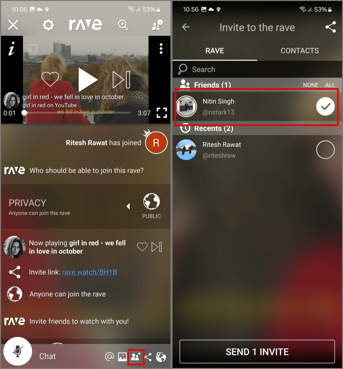 выбор друзей для отправки приглашения в Rave App, чтобы вместе слушать музыку