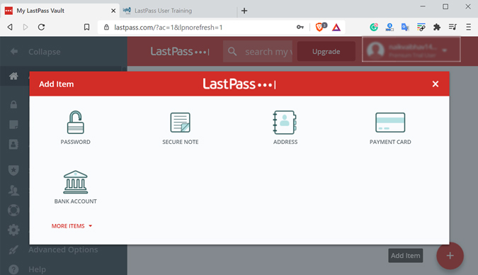 Страница добавления элемента LastPass