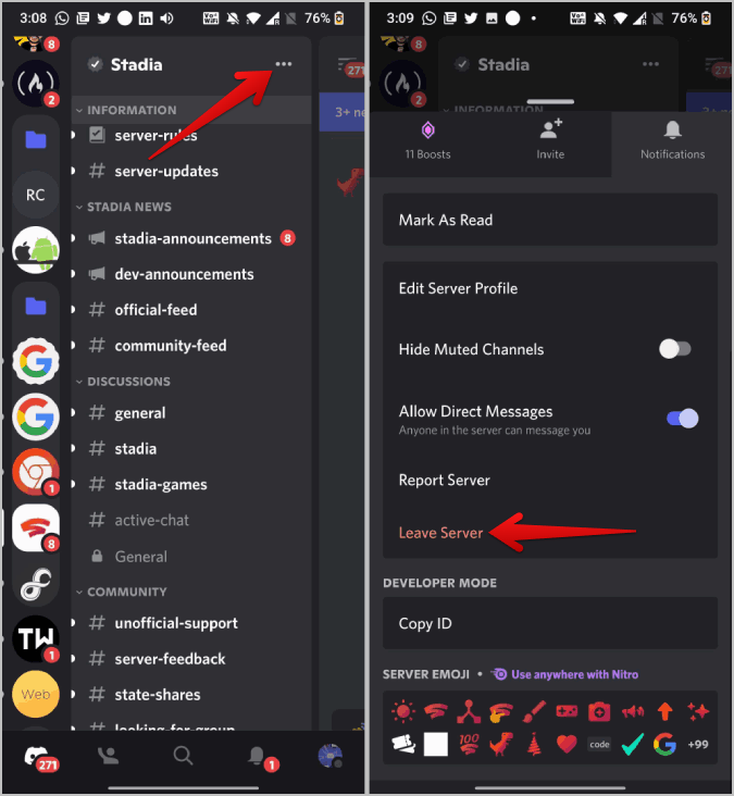 Оставить опцию сервера в Discord Mobile