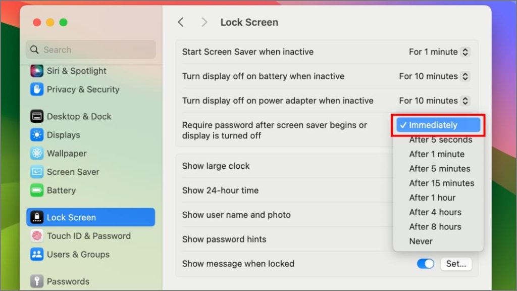 Настройки экрана блокировки на Mac