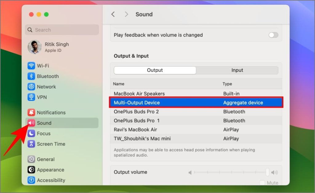 Устройство с несколькими выходами в настройках звука на Mac