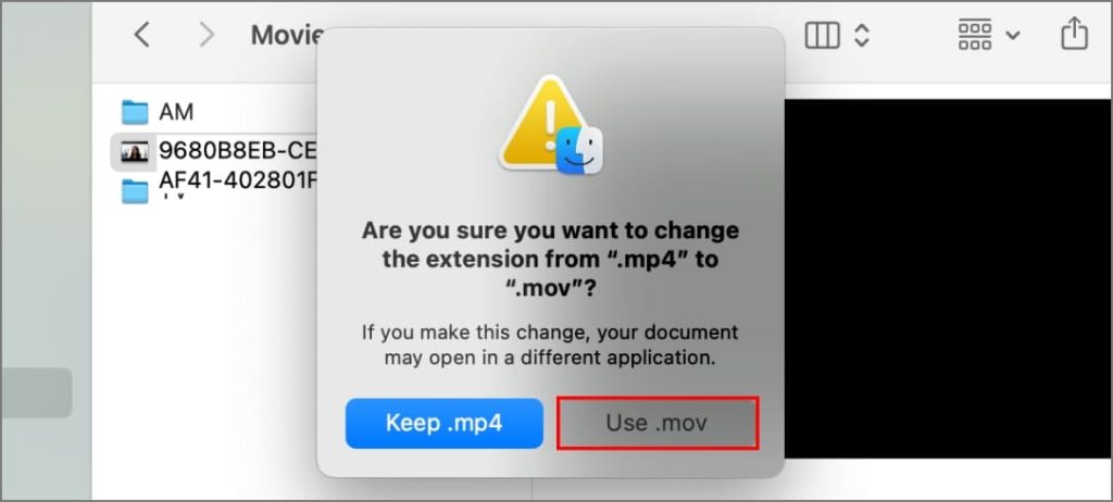 Изменение расширения видео на .mov на Mac