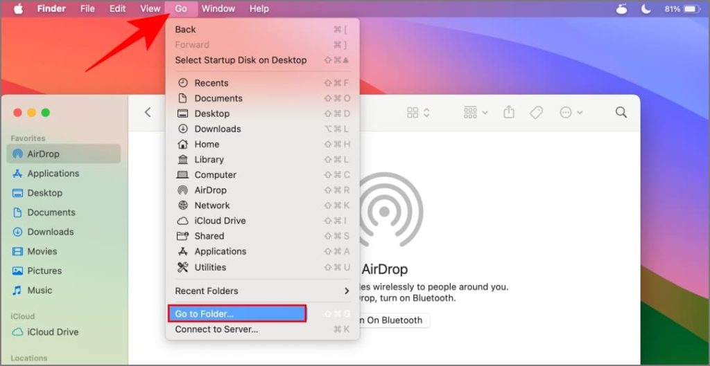 Параметр «Перейти к папке» в Finder на macOS Sonoma