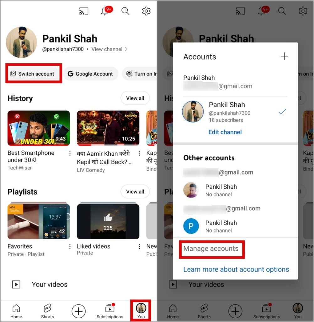Управляйте аккаунтами в приложении YouTube для Android