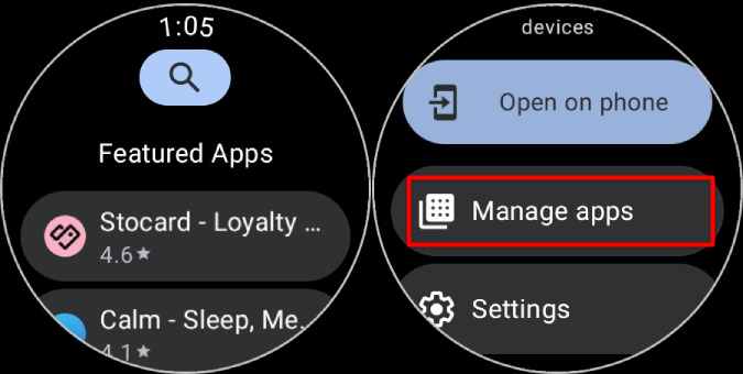 Параметр «Управление приложениями» в магазине Play Store на Galaxy Watch