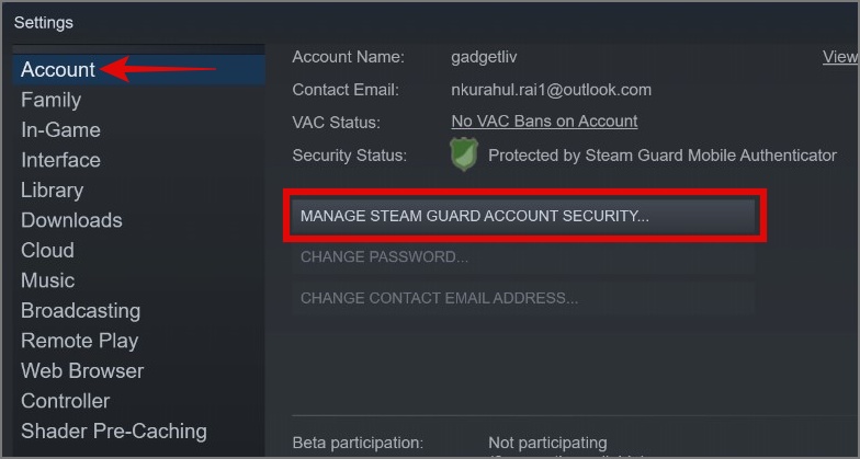 Управление безопасностью учетной записи Steam Guard