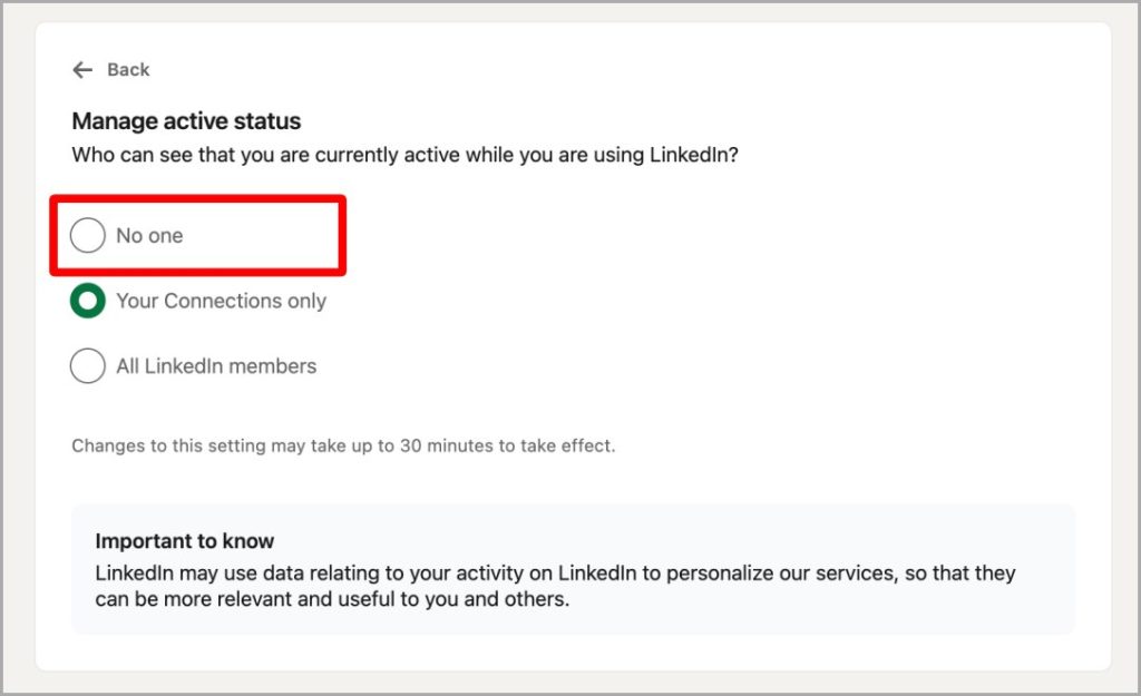 Управление настройкой активного статуса LinkedIn в Интернете