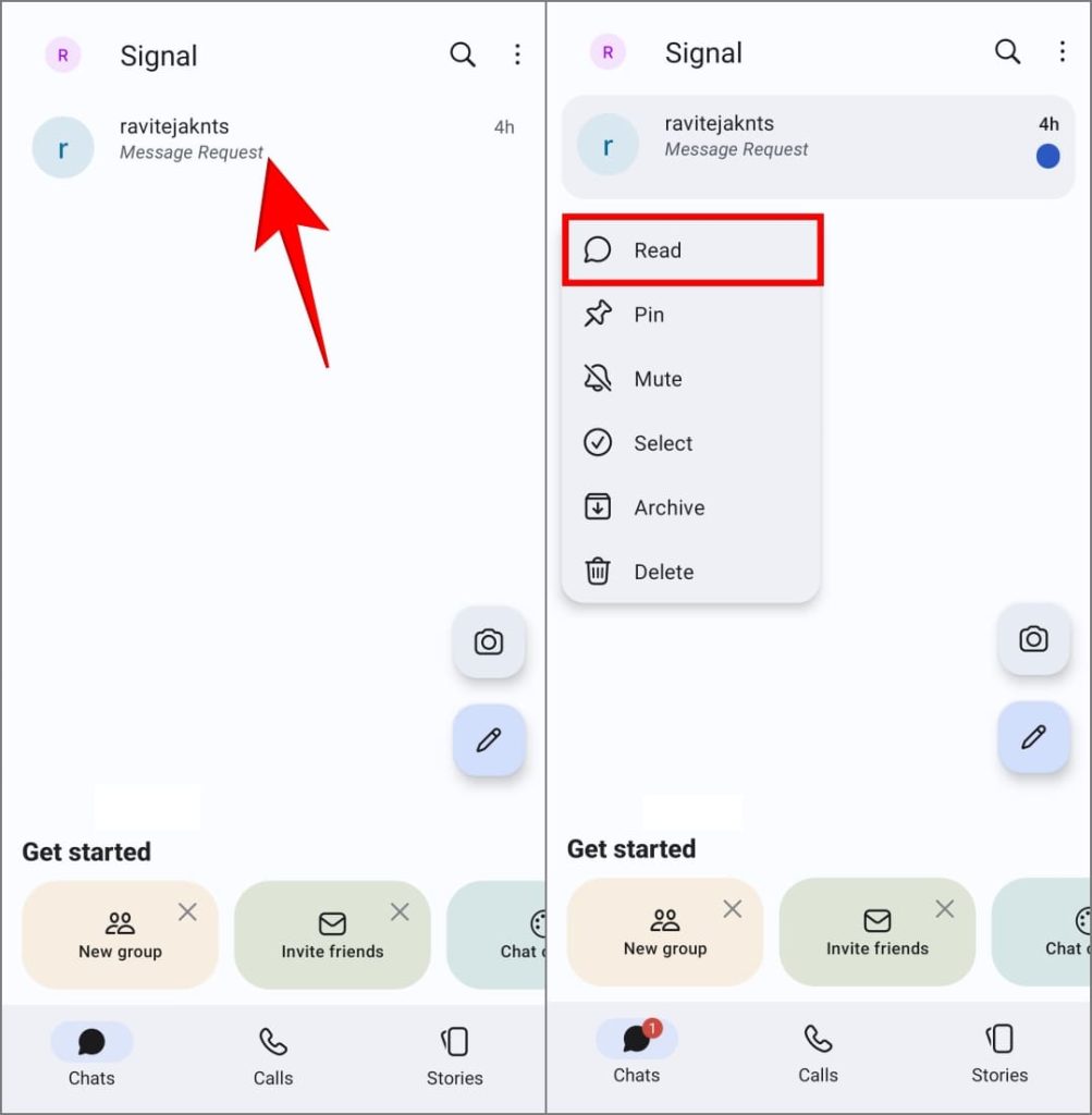 Опция чтения для индивидуального чата в Signal Messenger на Android