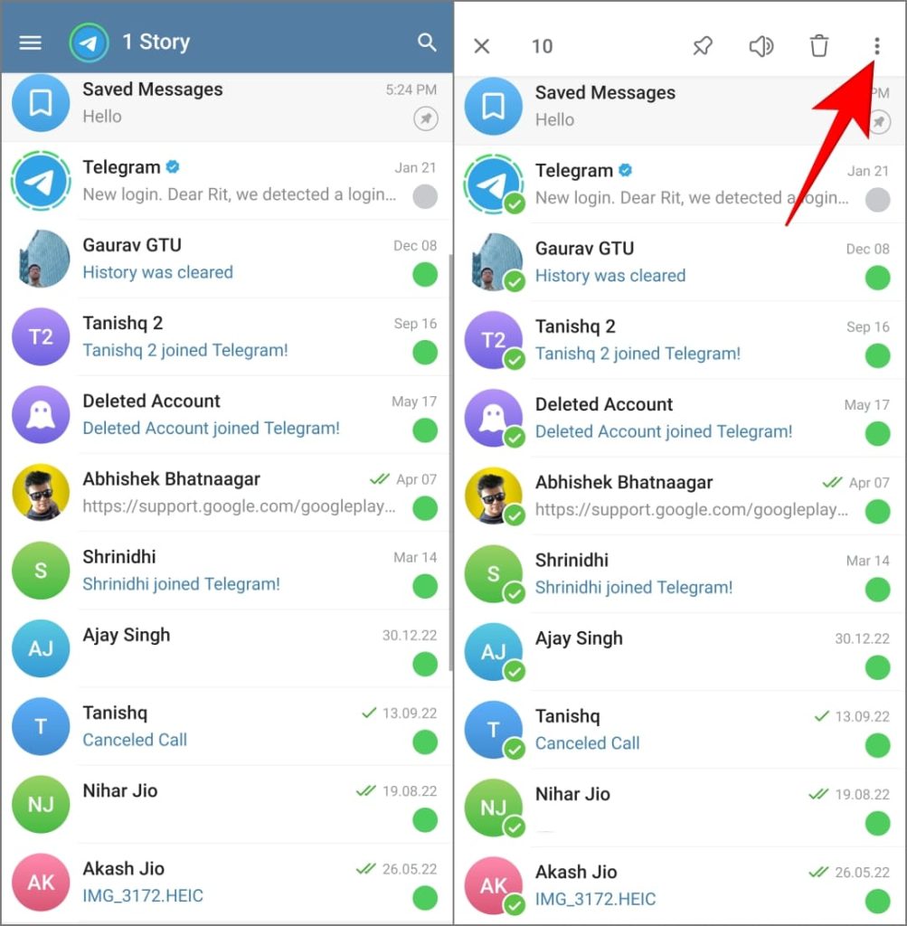 Выбрать все чаты в Telegram на Android