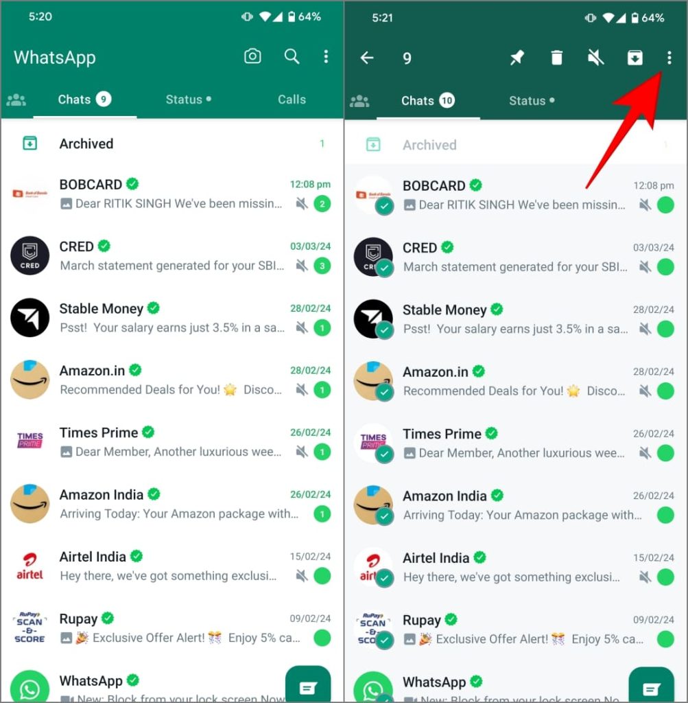 Трехточечное меню в WhatsApp на Android