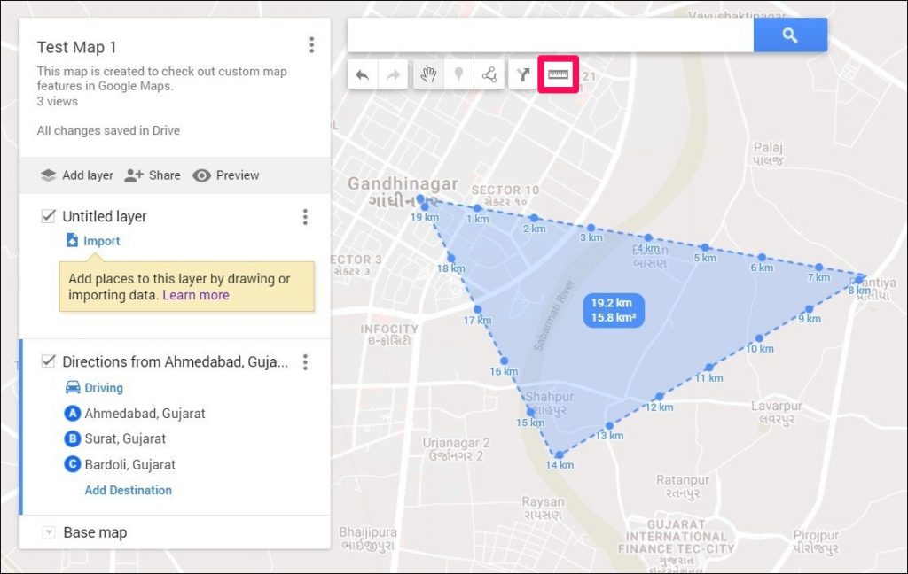 Измерьте расстояние и площадь на карте Google